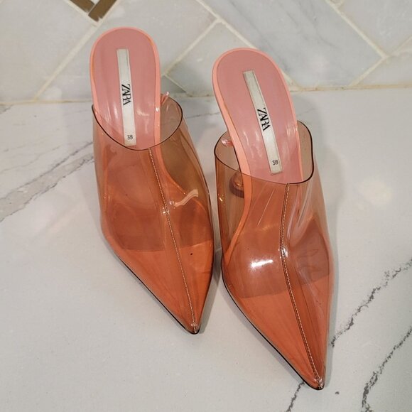 ZARA Vinyl heeled mules pointed toes transparent heels rose color Size 38 US 7.5 - Picture 6 of 15